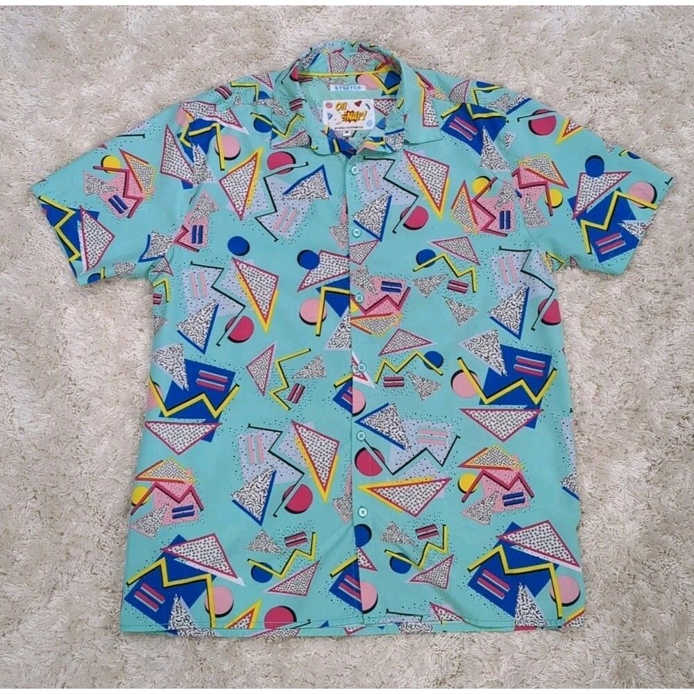 OH Snap Retro Mens Medium Green Colorful Short Sleeve Fun Beach 90s Theme